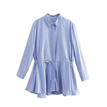 

Women Waist Drawstring Casual Striped Shirt Female Nine Quarter Sleeve Blouse Office Lady Loose Tops Blusas S9683