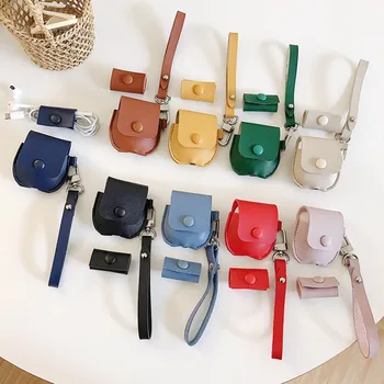 

Leather Button Case for Airpods Wireless Bluetooth Cases for Airpod 2 Cover Air Pods 2 W Wrist Belt Data Line Storage