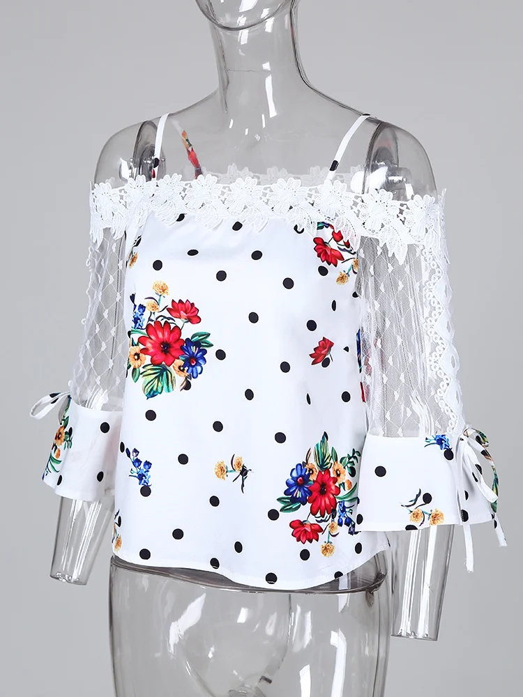 Осенние женские элегантные стильные вечерние топы женские модные базовые повседневные рубашки с открытыми плечами сетчатые вставки в горошек с цветочным принтом Блузка