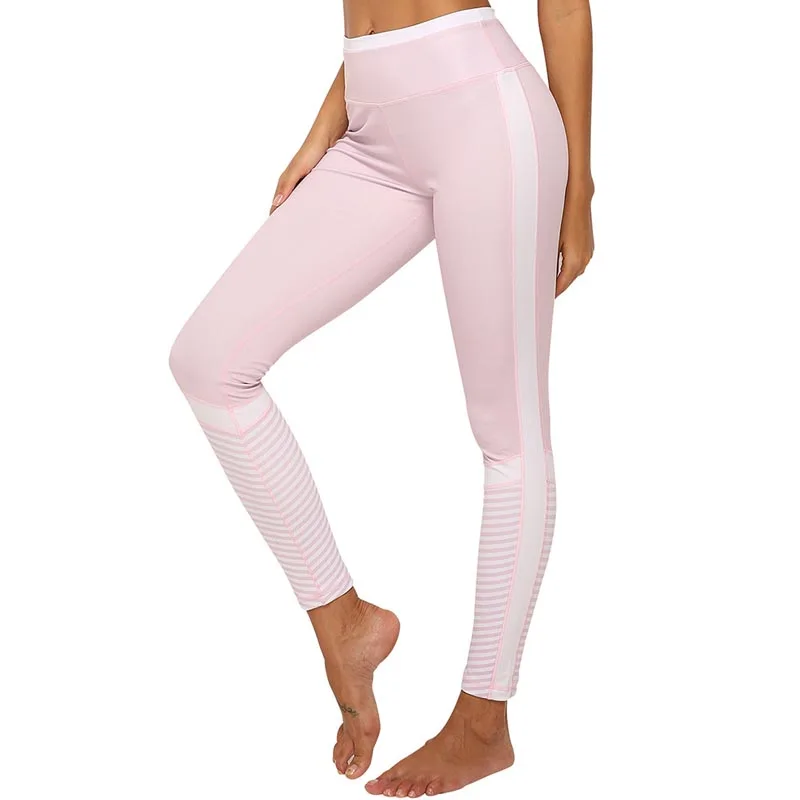 

NORMOV Sexy Women Pink Leggings High Waist Stripe Printing Patchwork Skinny Elastic Fitness Workout Slim Polyester Leggings