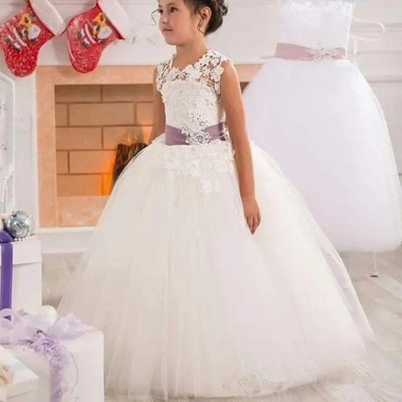 85Lace Sleeveless Floor Length Cute Kids Formal Wear New 2018 Custom Made Sash Beautiful Flower Girl Dresses