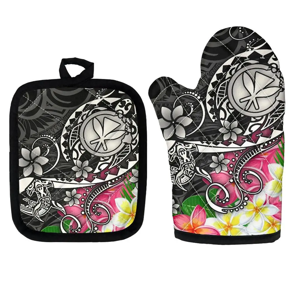 

Hawaii Polynesian Turtle Plumeria Black Kitchen Microwave Gloves Set of 2 Flexible Cooking Oven Mitts for BBQ Baking Potholders