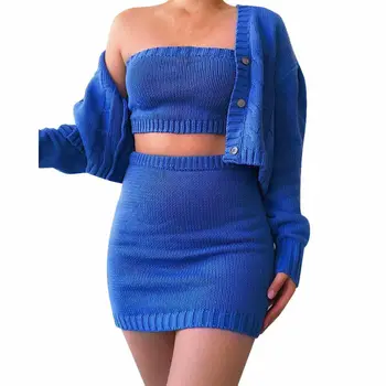 

3Pcs Women Knitted Tube Mini Skirt Coat Sets Long Sleeve Buttons Short Cardigan Crop Tops Slim Skirts Outfits Autumn Knitwear