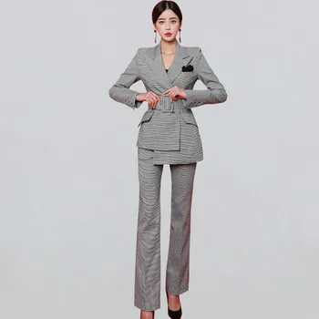 

New 2019 Korean Style Winter Office Wear Business 2 Pieces Set Double-breasted Houndstooth Suits Trench & Long Pants