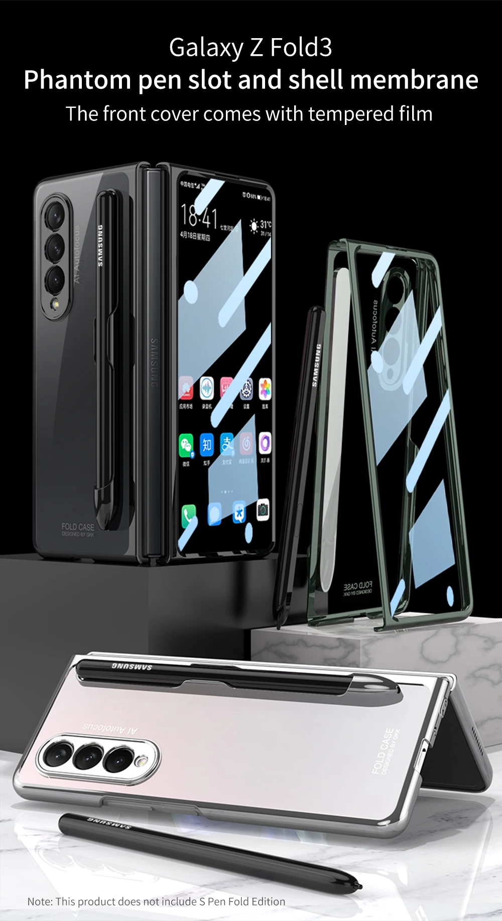 Clear With S Pen Holder Cover For Samsung Galaxy Z Fold 3 5G Case Built-in Screen Protector 360° Protection Coque Funda No Pen samsung z flip3 case