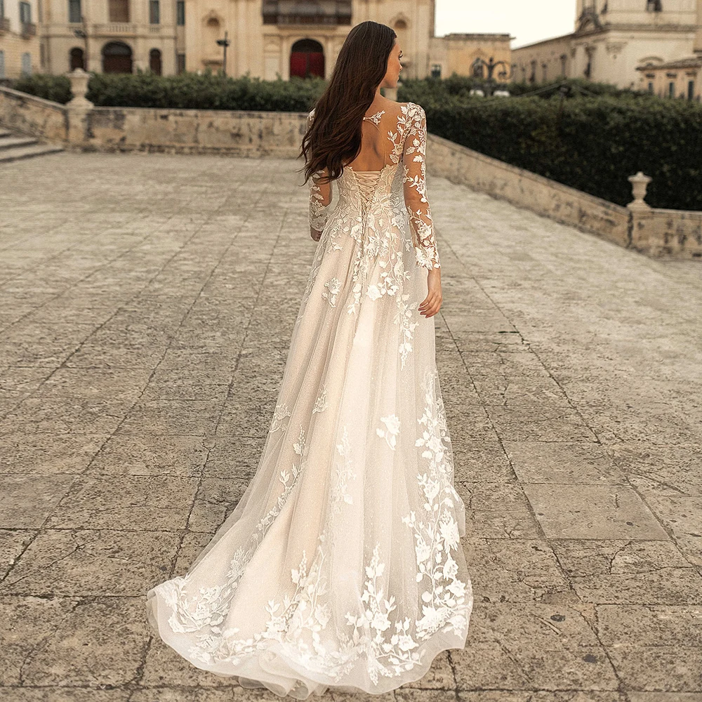 ADLN Charming Long Sleeves Wedding Gown Sheer Neck A-line Champagne Lace Bridal Dress New  Dresses Vestido de Novia 2