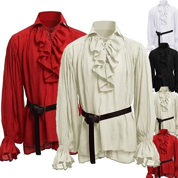 Mens Medieval Shirts Poet's Renaissance Costume Viking Pirate Captain Lace Up Ruffle Tops Sand Collar Shirt mens renaissance shirt