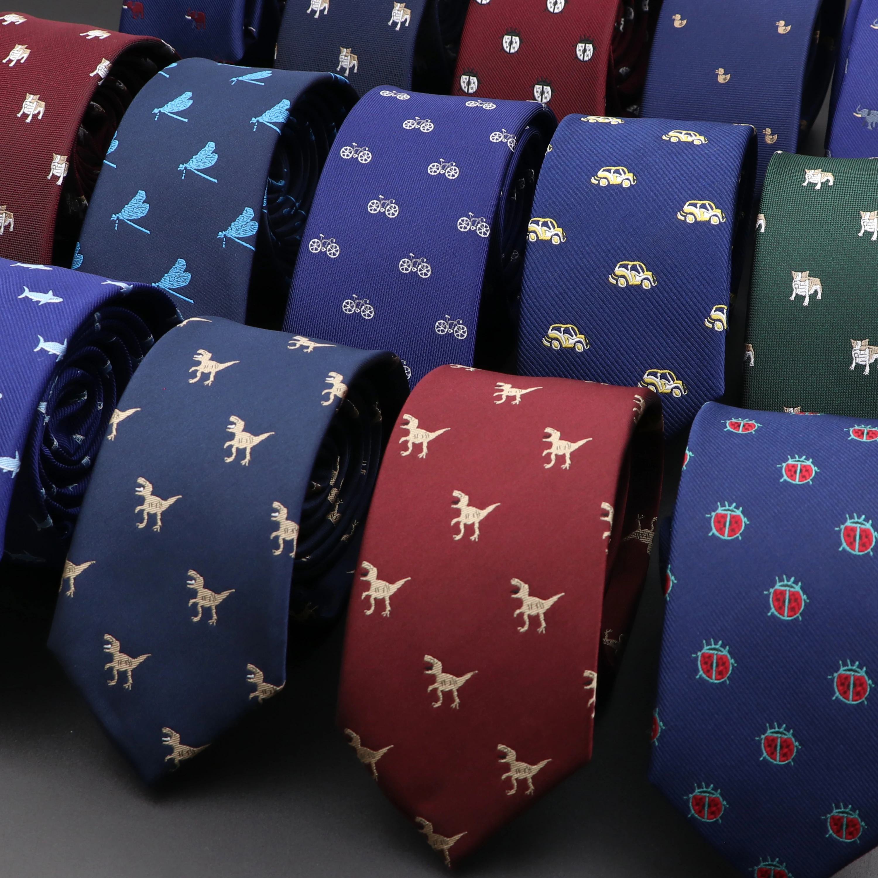 Neck Tie Men's Casual Ties Dinosaur Insect Pet Pattern Navy Wine Red Polyester Jacquard Ties 6cm Slim Daily Wear Wedding Accessories