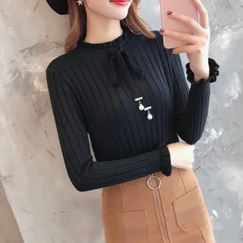 

Autumn Sweater Petal Sleeve Bow Collar Sweater for Women Casual Slim Sweater Elegant Sweet Knitted Sweater Lace Up Pullover