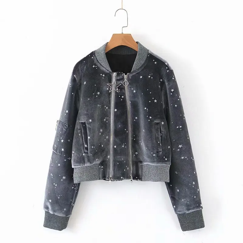 

2019 Autumn Women's Jackets New Loose Stand Collar Gray Five-pointed Star Velvet Jacket Female Casual Coat O-Neck Zipper