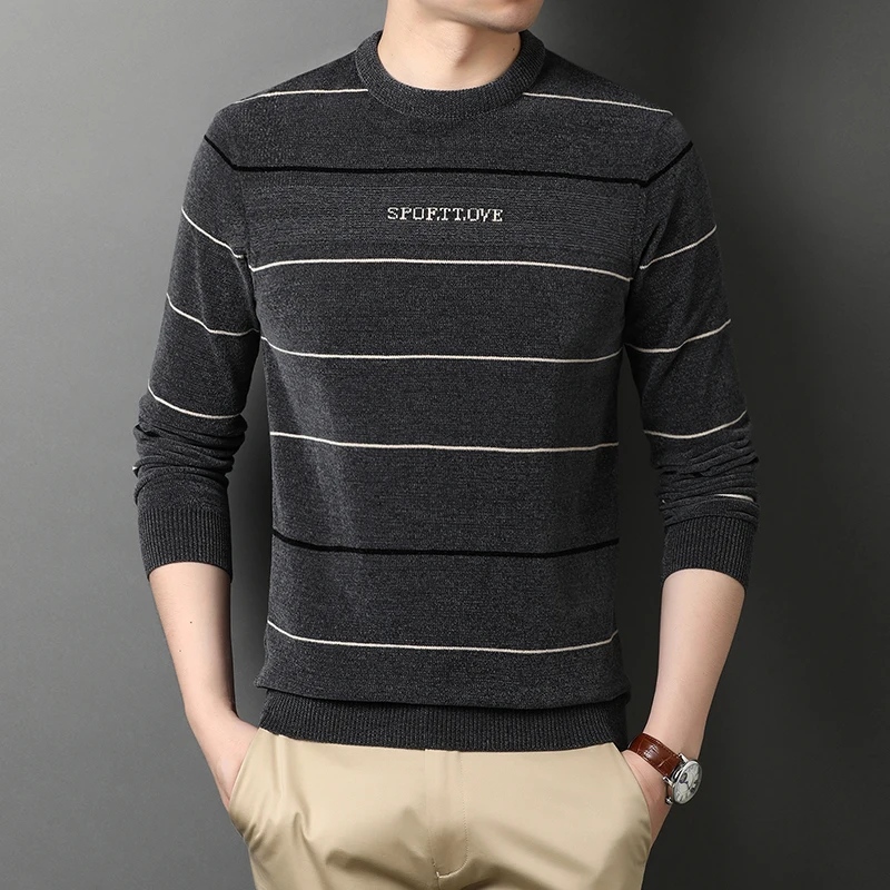 

2020 Autum New Fashion Brand Designer Knit Striped Pullover Velvet Mens Thick Sweaters Crew Neck Casual Jumper Men Clothing