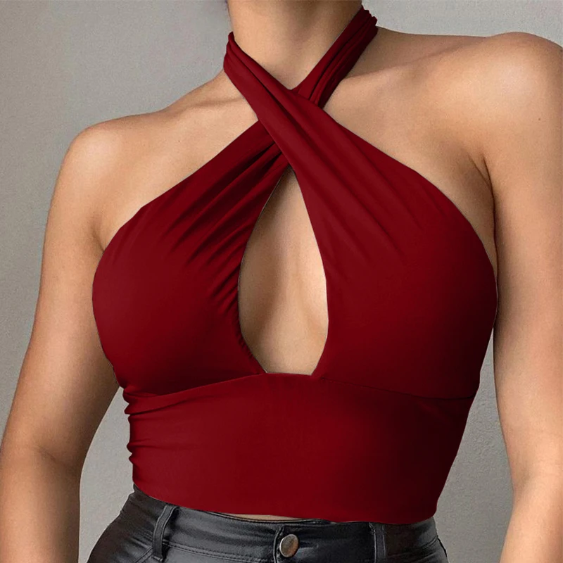 Summer Women Strappy Cross Over Front Cut Out Halter Neck Sleeveless Backless Crop Top Solid Vest Sexy Tops Halter tunics 