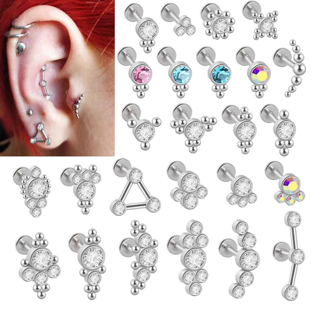 Titanium & Steel Lip Bar Labret Clear Crystal Earring Helix Tragus Cartilage Flat Base Ear Studs Piercing 25PCS/Lot piercing jewelry,body piercing earrings,ear piercing jewelry,ear studs,metal jewelry,body piercing jewelry,body jewelry