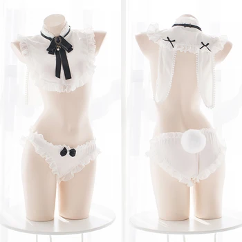 

Kawaii Sexy Women Lingerie Set Lolita Rabbit Girl Chiffon Camisoles Set Anime Cosplay White Tops & Panties & Tail Underwear Set