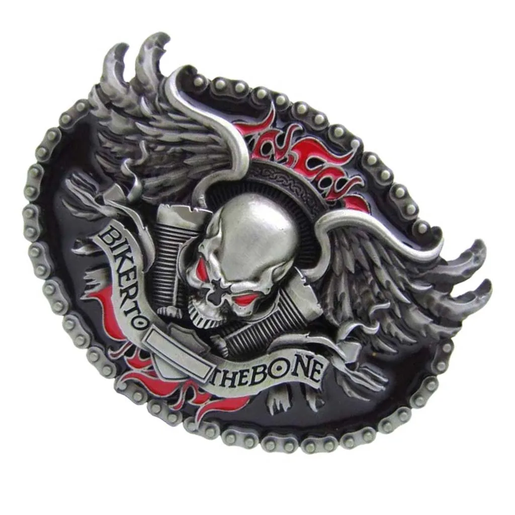 Western Cowboy Skeleton Head Winged BIKER TO THE BONE Fashion Mens Belt Buckle