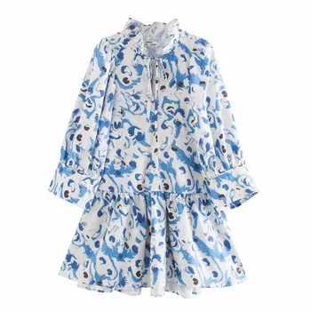 

New 2020 women vintage graffiti print loose shirt dress elegant lady hem pleat ruffles vestidos chic brand party dresses DS3569