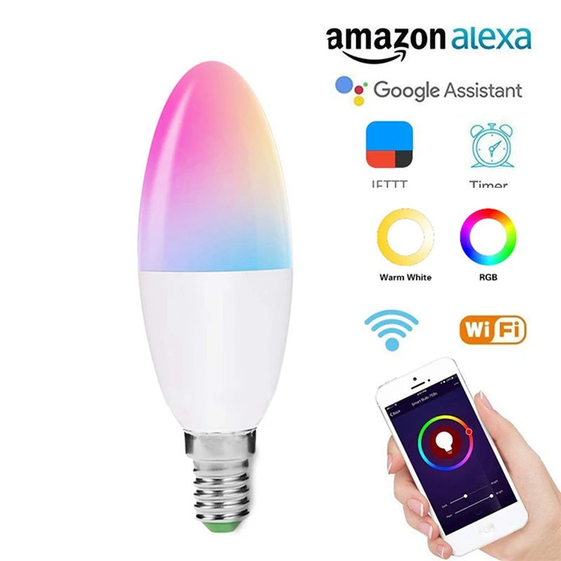 E14 с регулируемой яркостью смарт WiFi Свеча лампа RGB светильник с поддержкой Alexa для Google Home