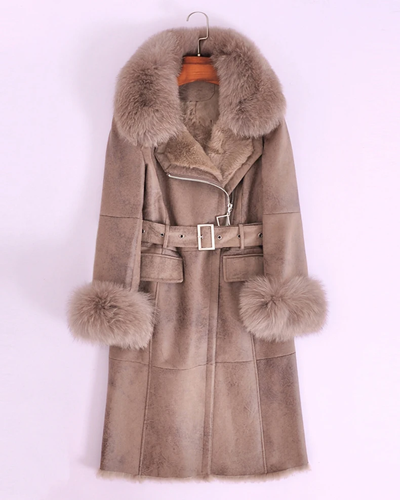 Пальто из натурального меха, женский зимний длинноворсовый мех кролика, кожаная куртка с подкладкой, Женская двусторонняя верхняя одежда, винтажное пальто из натурального меха, пояс Hiver 1020 - Цвет: Camel