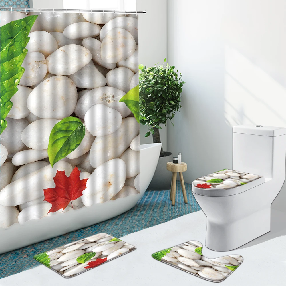 US Bamboo Stone Shower Curtain Anti-slip Pedestal Rug Lid Toilet Cover Bath Mat 