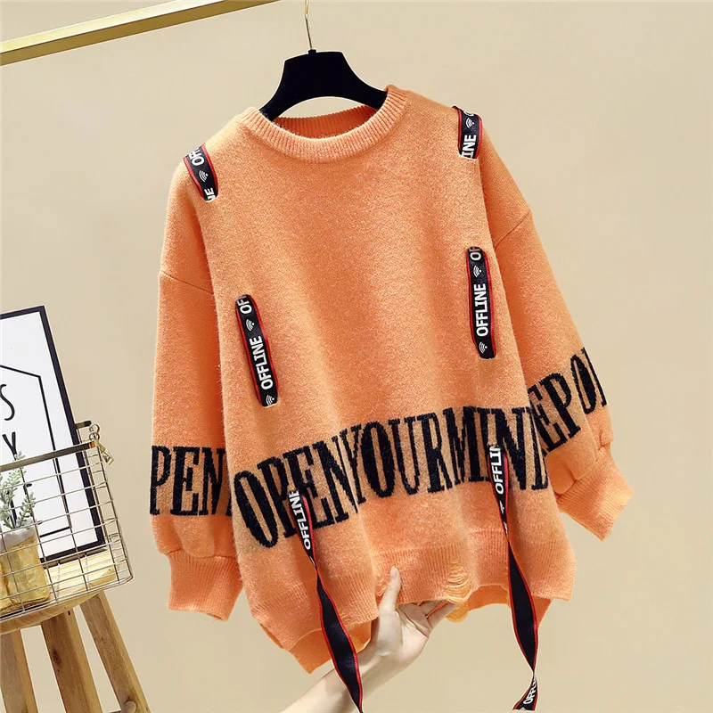 orange Korobov Harajuku женские свитера с буквенным принтом и лентами, Корейская уличная одежда с длинным рукавом, с вышитыми буквами, Sueter Mujer, вязаные пуловеры 79312 - Цвет: orange