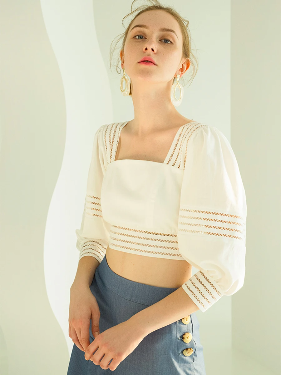 

Jastie Hollow out Lace Boho Shirt Blouse Square Neck Lantern Sleeve Women Shirts Top Blusas mujer de moda 2019 Autumn Shirts