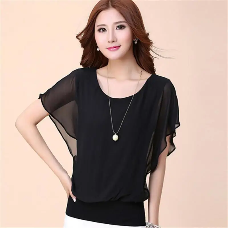 

Plus Size blouse Summer Chiffon Ruffles Bat Sleeve Blouse Solid Color Women Tops Casual fashion shirt Large size 5XL