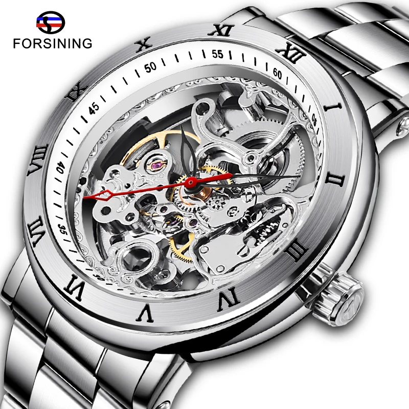 

Top Brand FORSINING Silver Stainless Steel Maltifuction Military Automatic Wrist Watch Mens Mechanical Watch Waterproof Clock