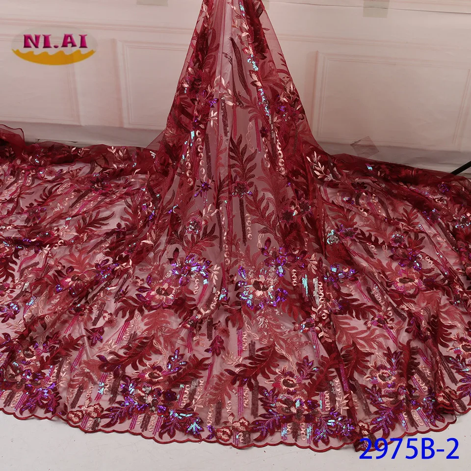 NIAI African Sequins Lace Fabric High Quality Lace Material French Nigerian Tulle Lace Fabrics For Wedding Dress XY2975B-1