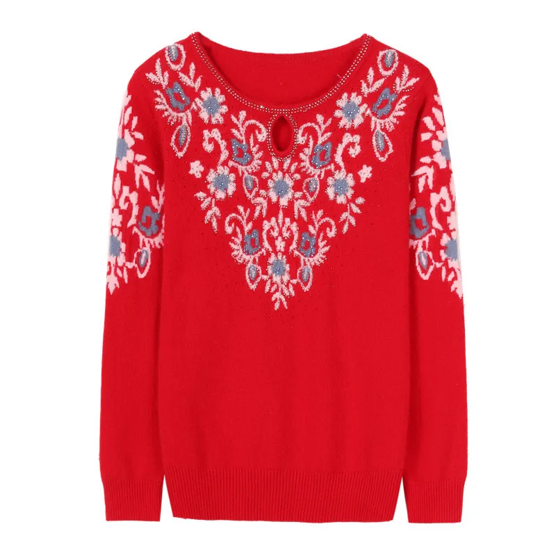 XJXKS High-end women sweater pullover autumn winter new fashion diamond fine print women mink cashmere sweater