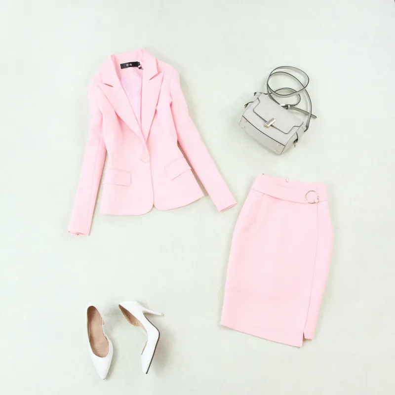 

two piece set skirt Spring and summer new fashion large size pink simple suit + package hip split skirt OL professional suit