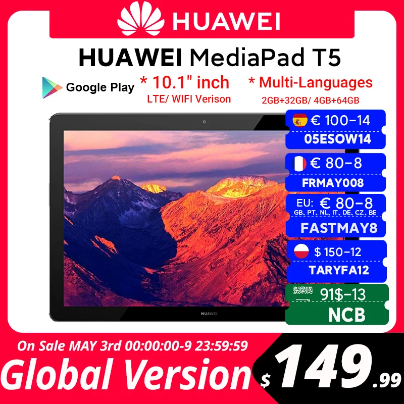 CODE:05ESOW6 50€-6 off  HUAWEI MediaPad-Tableta T5, versión Global, 4GB, 64GB, 10,1 pulgadas, ocho núcleos, altavoz Dual, 5100 mAh, compatible con tarjeta microSD, Android 8,0