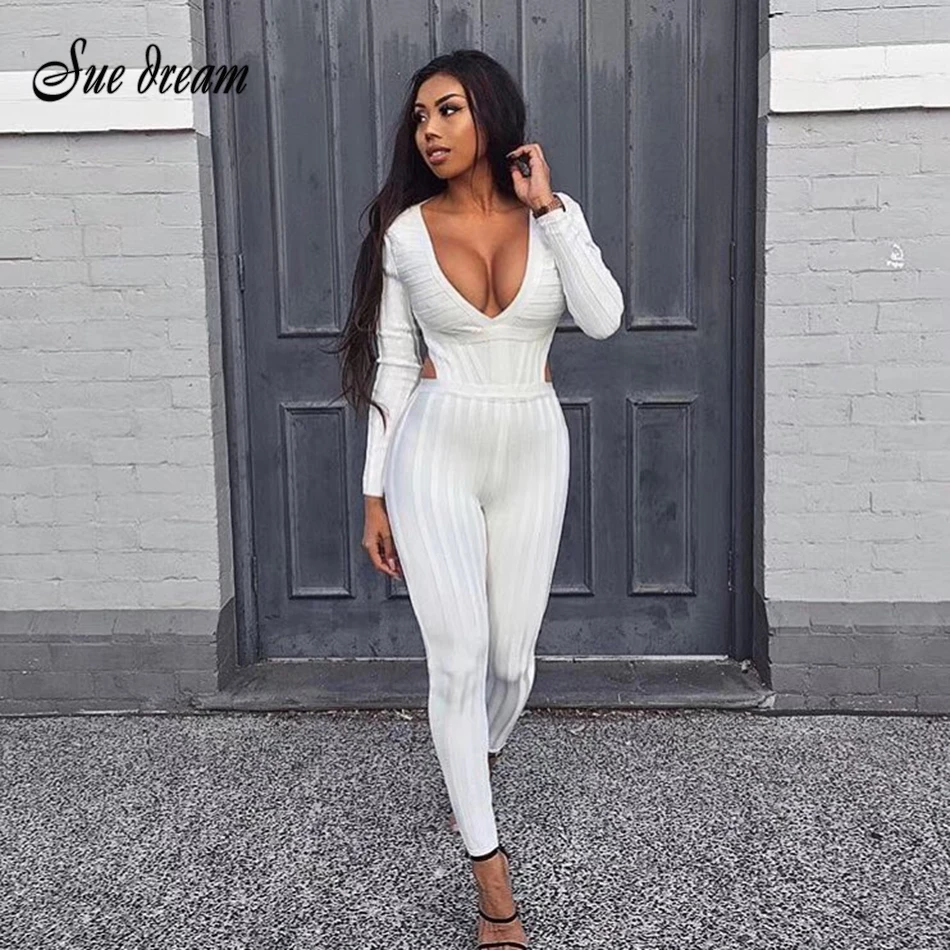 2020 Autumn New Designer Party Fashion Long Sleeve White Sexy Lady Deep V-neck Halter Bodycon Tight Bandage Jumpsuit |