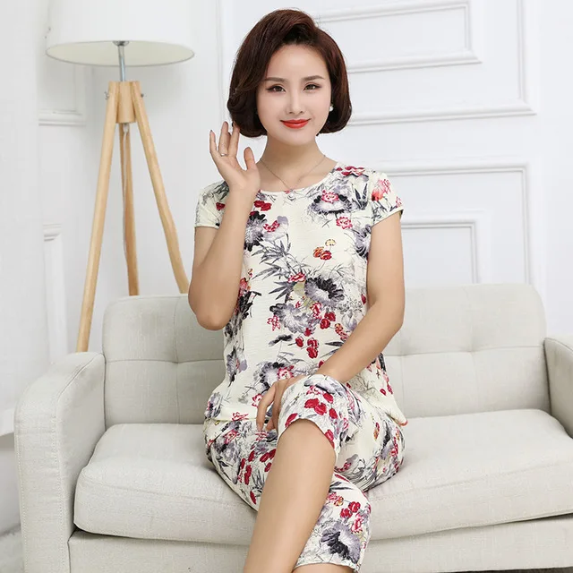 

New Arrival Women Cotton Pajamas Set Summer Thin Floral 2 pieces Loose Sleepwear Casual Homewear Female Pyjamas Plus Size 4XL