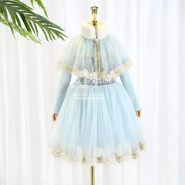 Новинка; сетка для платьев для девочек; трикотажное платье принцессы; г.; комплект с кружевным платьем-свитером в западном стиле для девочек
