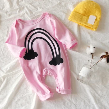

Casual Toddler Girls Rompers Round Collar Long Sleeve Letter Moon Rainbow Printing Splicing Pink Winter Cotton Jumpsuits