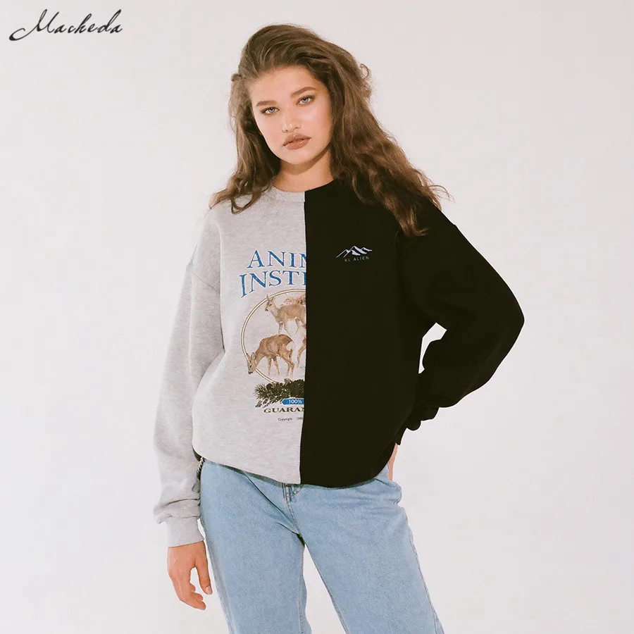

macheda fall winter fashion Print black/gray Two-color stitching Women Sweatshirts Casual loose Long Sleeve streetwear pullover