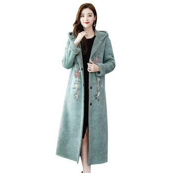 

New Autumn Winter Print Suede Coat Women Big fur collar Hooded Long Fur jacket Fashion Plus size Thick Warm Ladies Fur coats 3XL