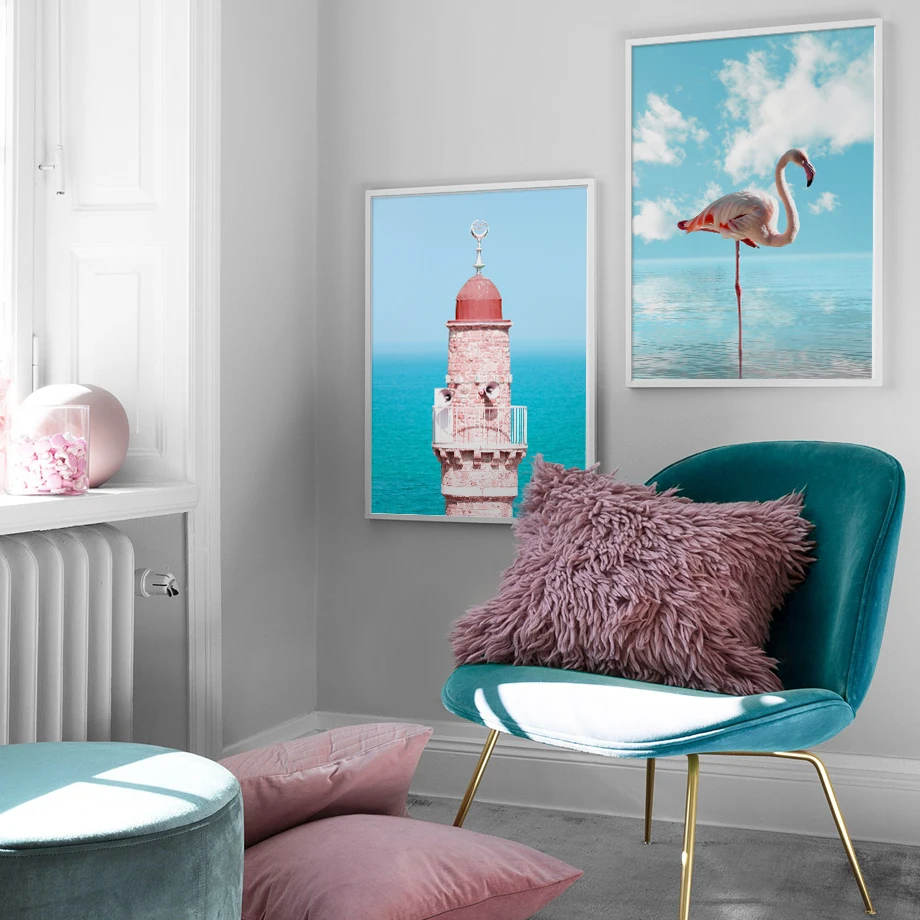 

Pink Beacon Tower Flamingo Poster Seascape New Nordic Wall Art Canvas Painting Bird Sky Pictures Scandinavian Home Decor