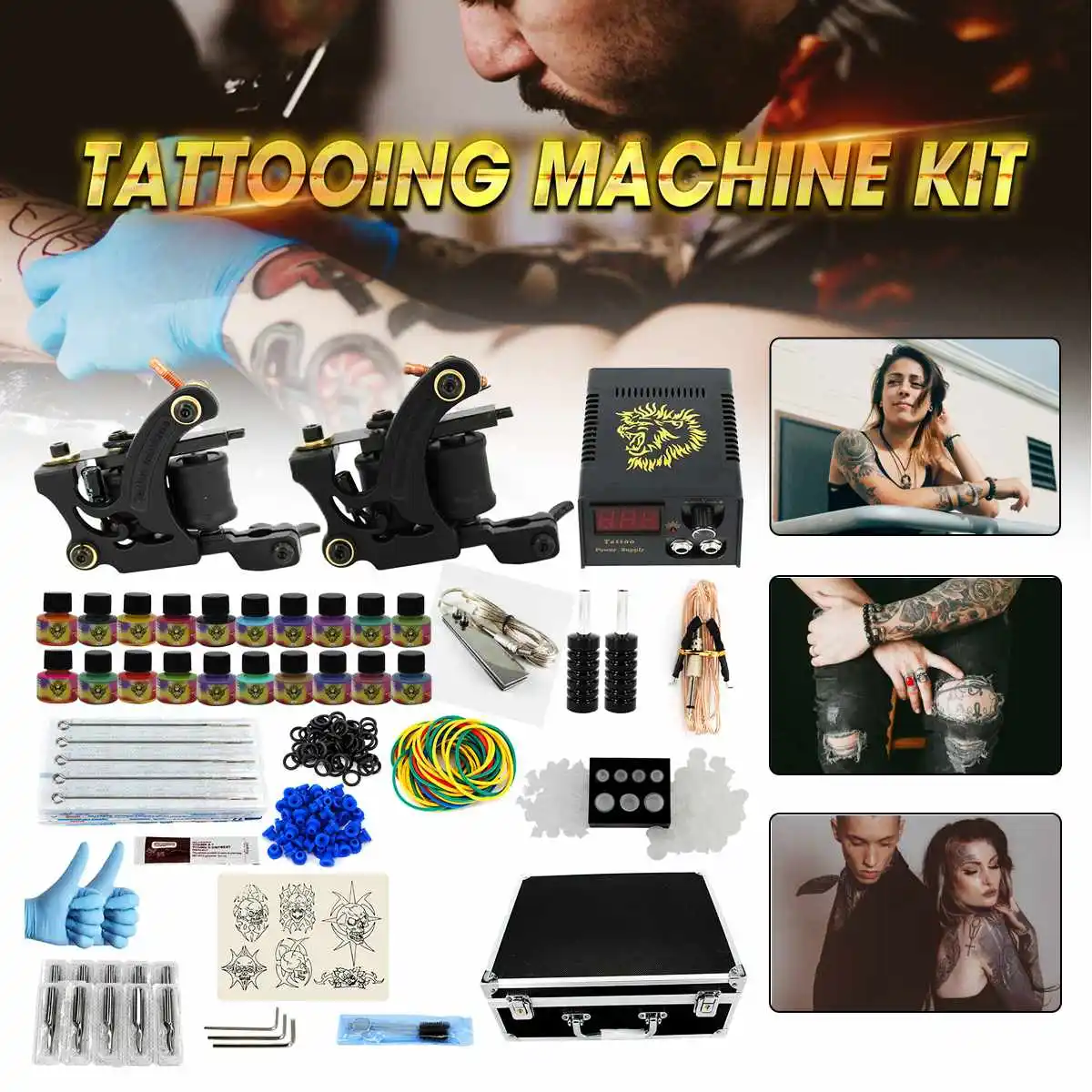 Профессиональный набор для татуировки, 2 станка, 20 цветов, чернила, электропитание, полный комплект для татуировки, тату, Перманентный макияж, набор для татуировки
