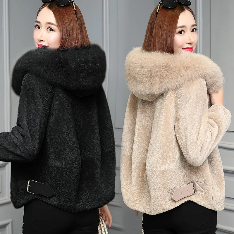

Winter Woolen Fur Coat Women's New Style Faux Fox Fur Collar Short Lambs Wool Sheep Shearing Leather Fur Coat