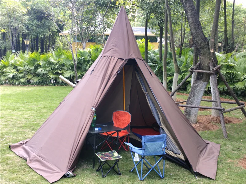 Пирамида палатка с дымоходом/башня Дымовое окно палатка парк выживания двухслойная полевая палатка включает половину внутренней палатки - Цвет: coffee