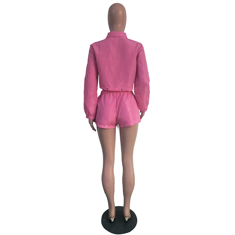 Неоновый розовый сексуальный комплект из 2 предметов спортивный костюм женский короткий топ на молнии спереди с длинным рукавом и Drswstring короткие спортивные костюмы летние Клубные наряды