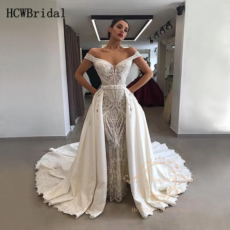 Vestidos De Novia Arabes De Encaje De Sirena Sin Hombros Tren Desmontable Vestidos De Novia Personalizados De Dubai Vestidos De Novia Aliexpress
