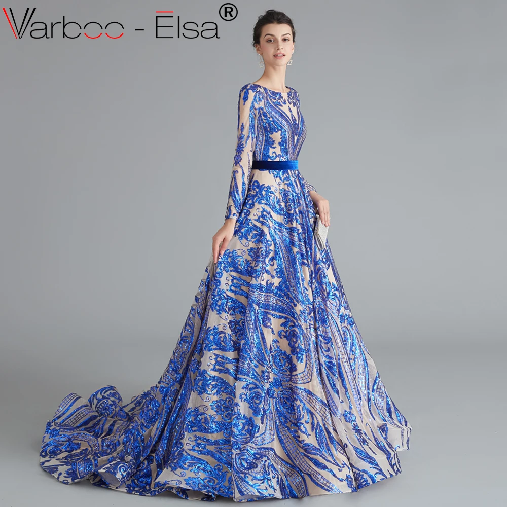 VARBOO_ELSA Королевский синий o-образный вырез с блестками А-силуэт арабские вечерние платья с длинными рукавами сексуальное мусульманские Вечерние платья Длинные