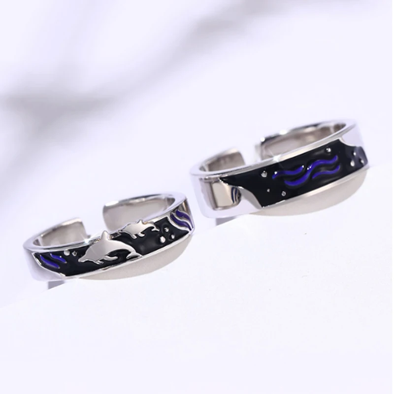 Qevila New Fashion Rings Jewelry Romantic Sea and Whale Enamel Adjustable Silver Ring for Women Lover Men Ring Anniversary Gift (1)