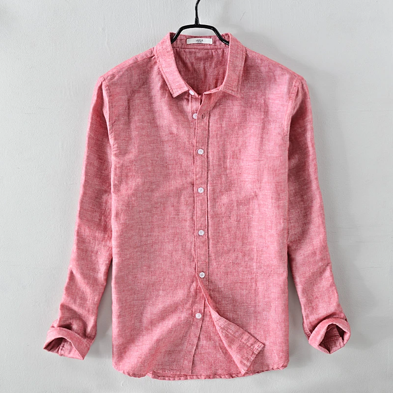 Camisa de manga larga para hombre, camisa de lino y algodón, color rojo coral, transpirable, a la nueva llegada|Camisas AliExpress