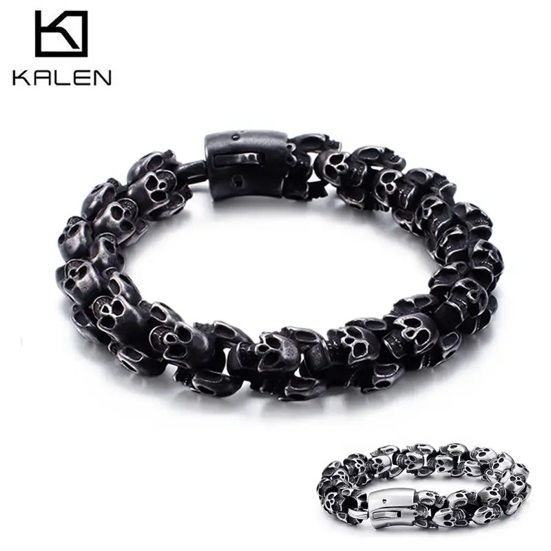Baratos Pulseras grandes de acero inoxidable de calaveras brillantes para hombre, pulsera de esqueleto Punk para chico, joyería de moda, el mejor regalo para hombres grandes