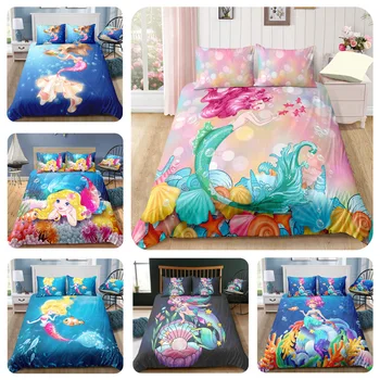 

Aggcual mermaid bedding set king size Cartoon anime pattern 100% Polyester bed cover set for girls printed Home textile be96