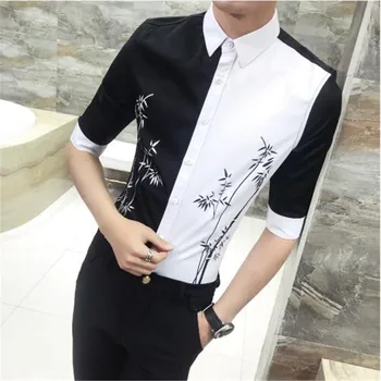 

Shirt Men 2019 Fashion Half Sleeve Men Shirt Contrast Color Casual Shirt Dress Bamboo Print Slim Fit Blouse Homme Prom Tuxedo