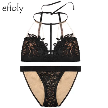 

EFIOLY Fashion Sexy Small Girl Bra Comfortable Underwire Sexy Lingerie Set Halter Embroidery Bra Set Ultra Thin Push Up Bra